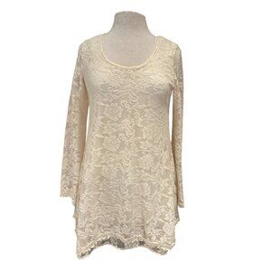 J & M Ivory Lace Long Sleeve Tunic Top - Elegant Floral Pattern Lightweight & Co